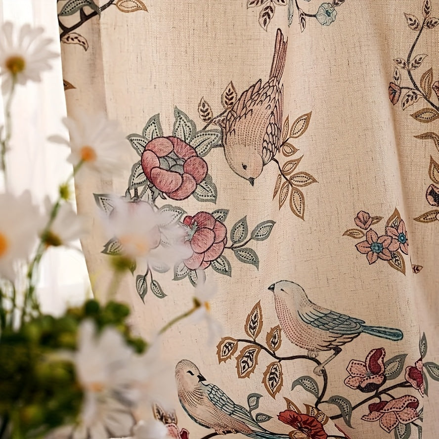 Rideau bohème floral oiseaux style vintage en tissu imitation lin