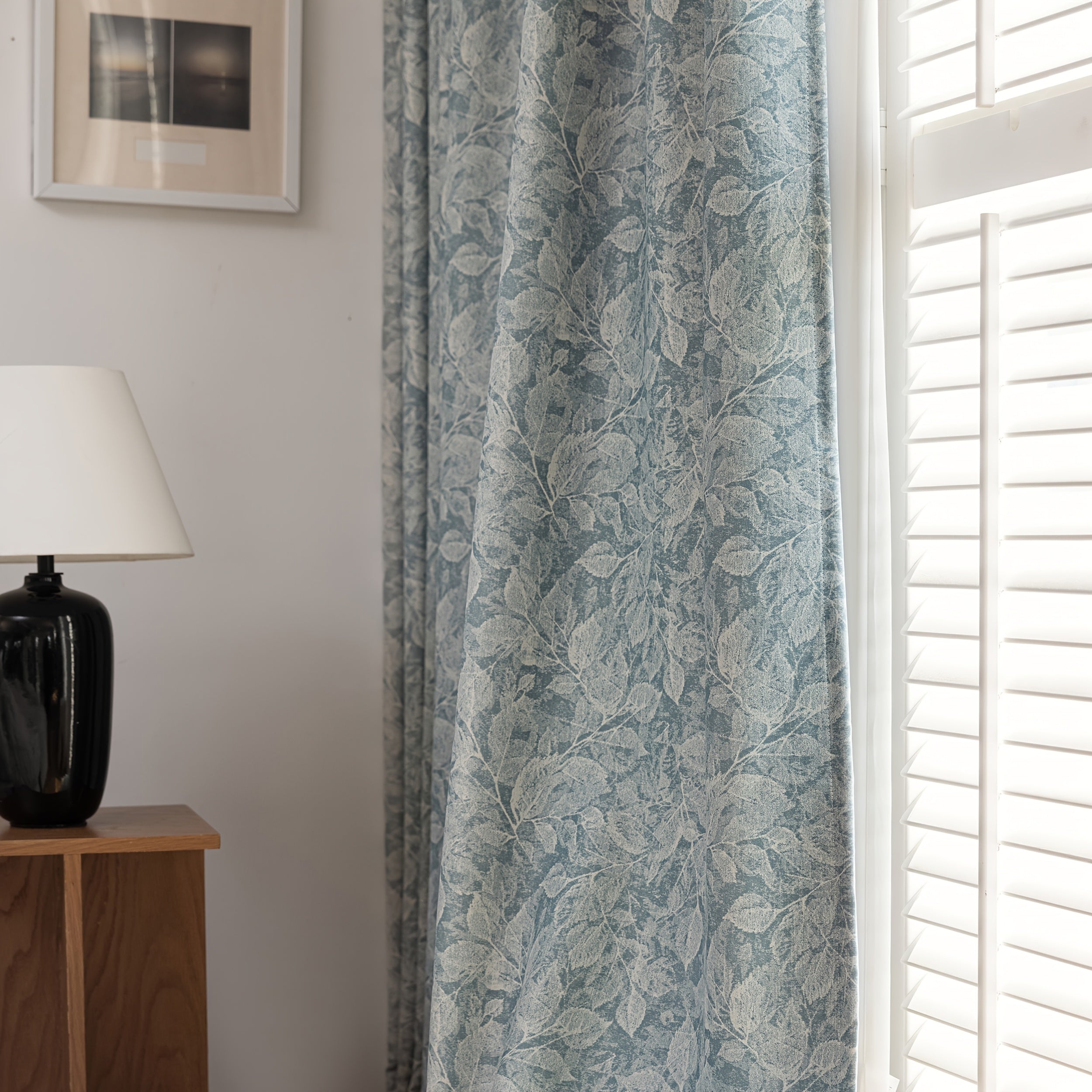 Rideau occultant jacquard chenille motif feuille bleu pour salon et chambre