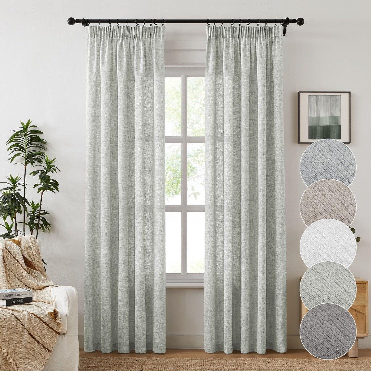 Rideaux semi-transparents effet lin texturé style farmhouse (2 panneaux)