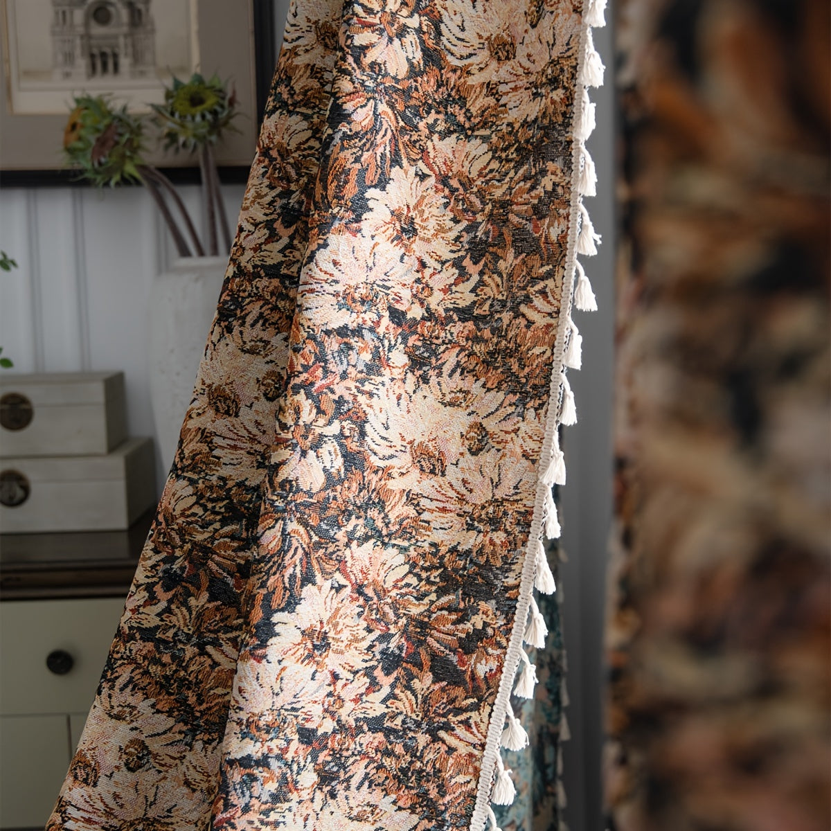 Rideau tamisant floral vintage marron en polyester pour cuisine