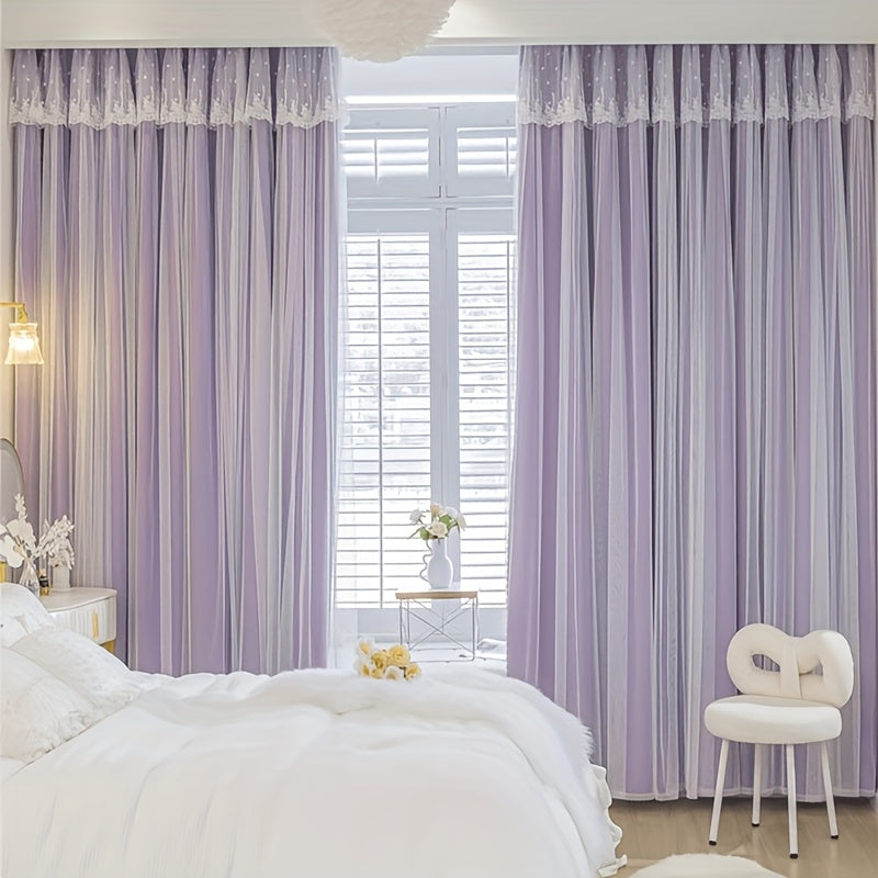Rideaux occultants double couche avec voilage dentelle pour chambre (2 panneaux)