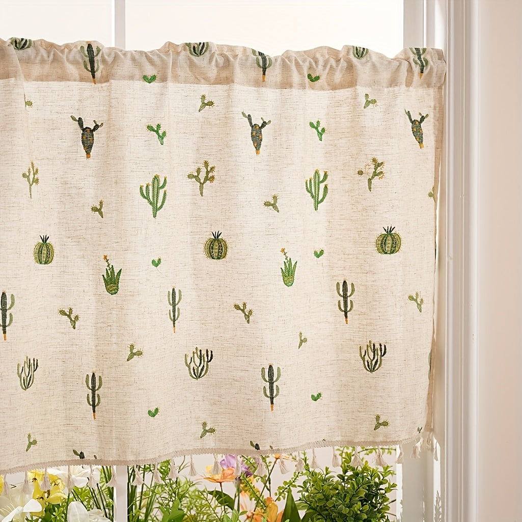 Rideau café brodé cactus en polyester style campagne pour petite fenêtre