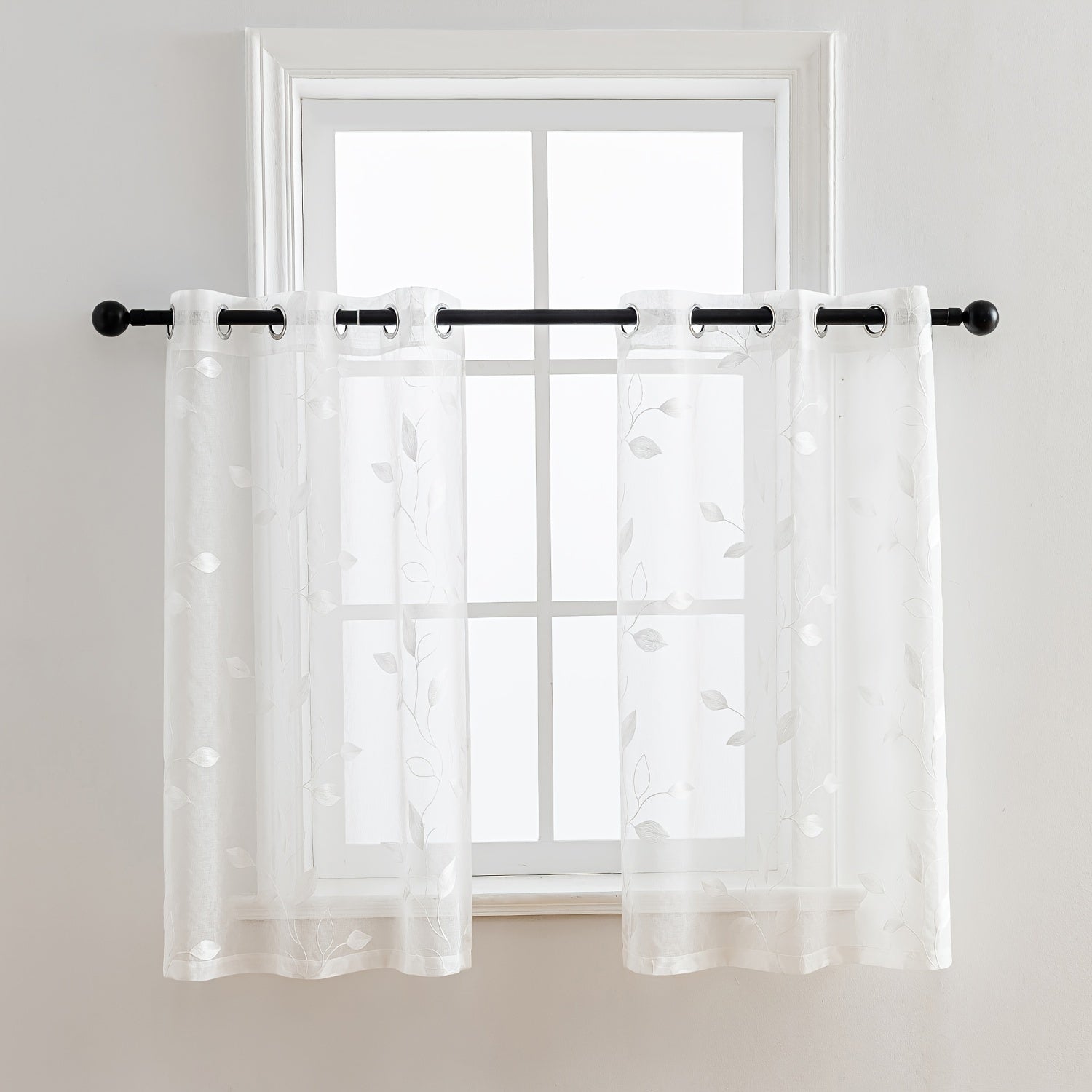 Rideaux voilage brodés motif feuilles avec œillets pour salon et chambre (2 panneaux)