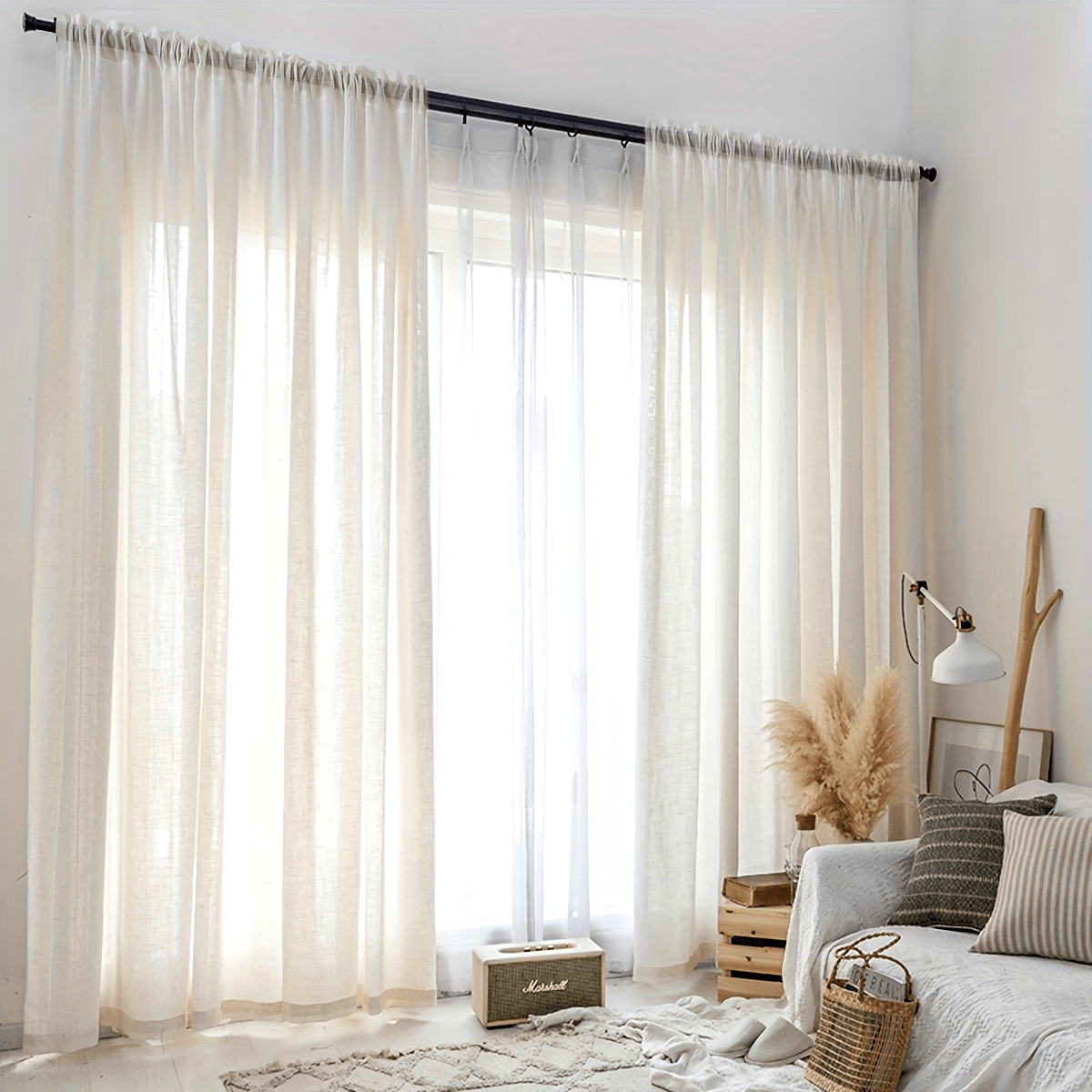 Rideaux voilage lin beige japonais tamisants passe-tringle (2 panneaux)