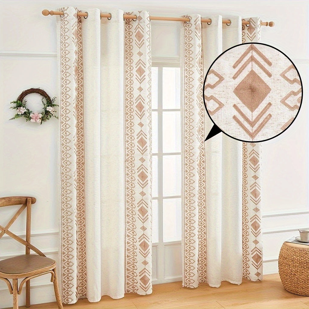 Rideau bohème semi-transparent à œillets motif géométrique losanges