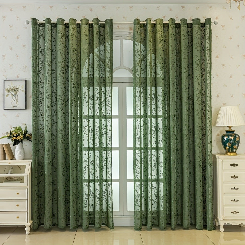 Rideau voilage vert brodé feuillage à œillets pour salon et chambre
