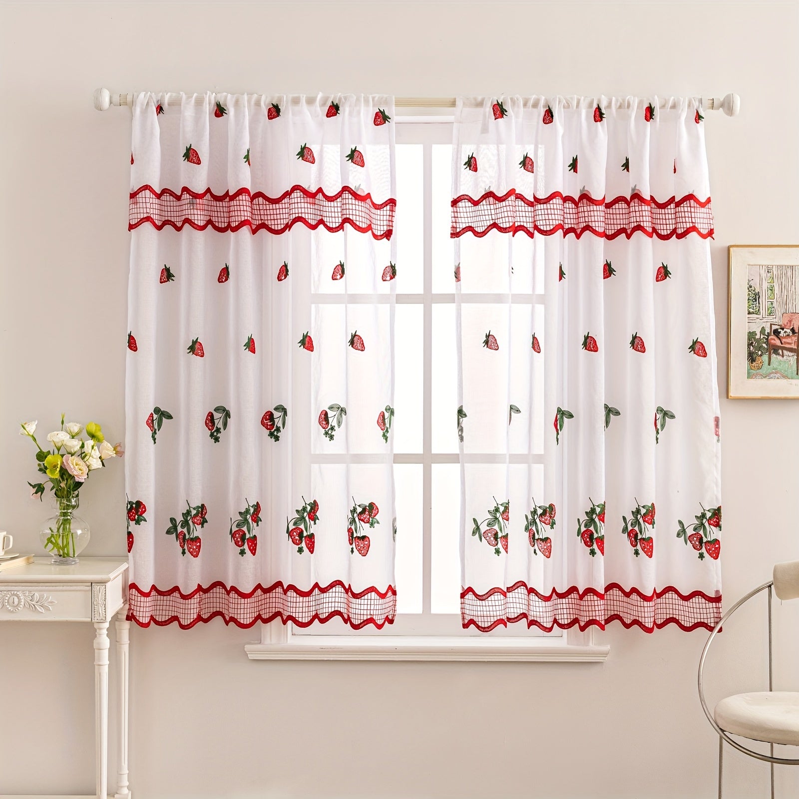 Rideaux courts brodés fraises style bohème pour cuisine (2 panneaux)