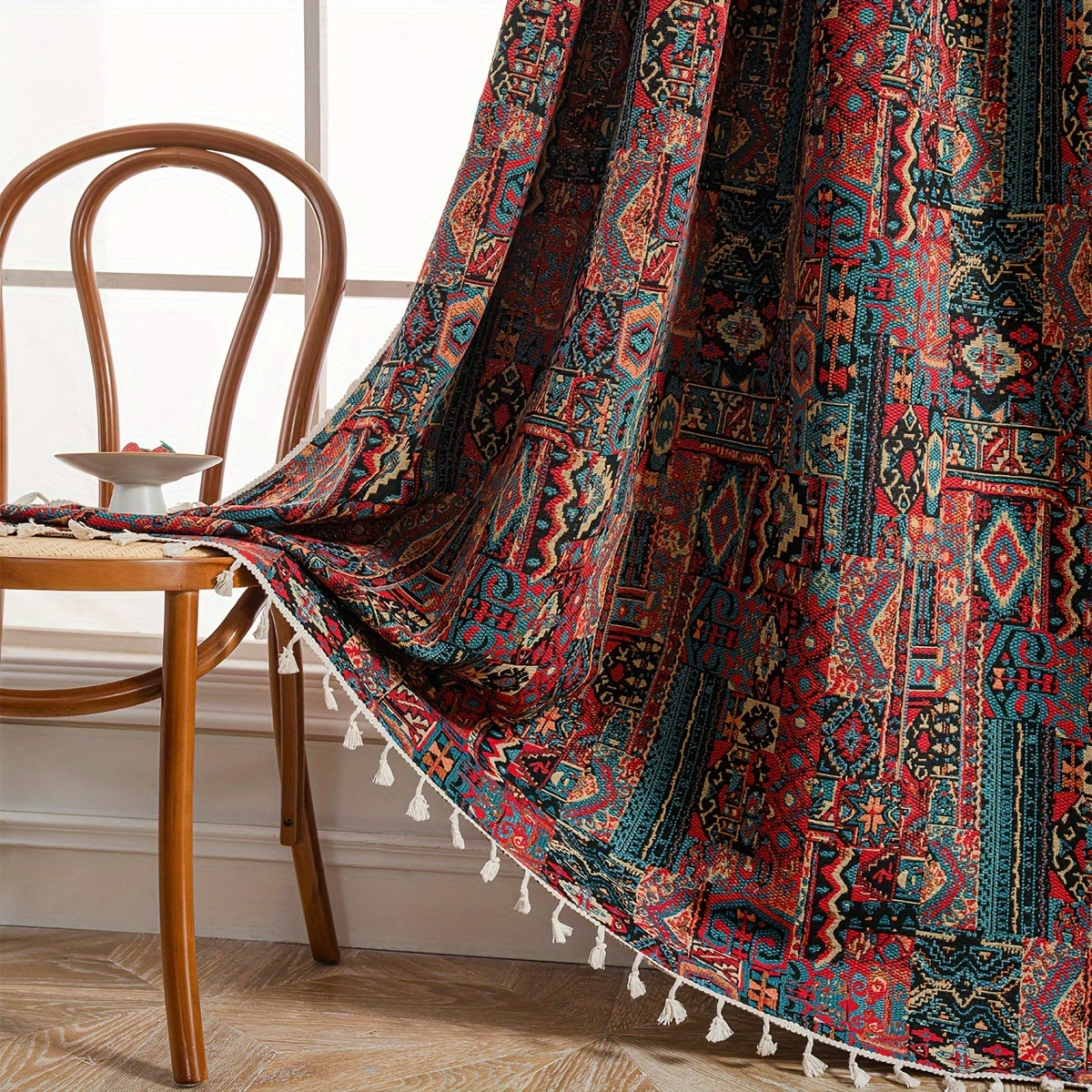 Rideau jacquard occultant vintage à motif géométrique en polyester