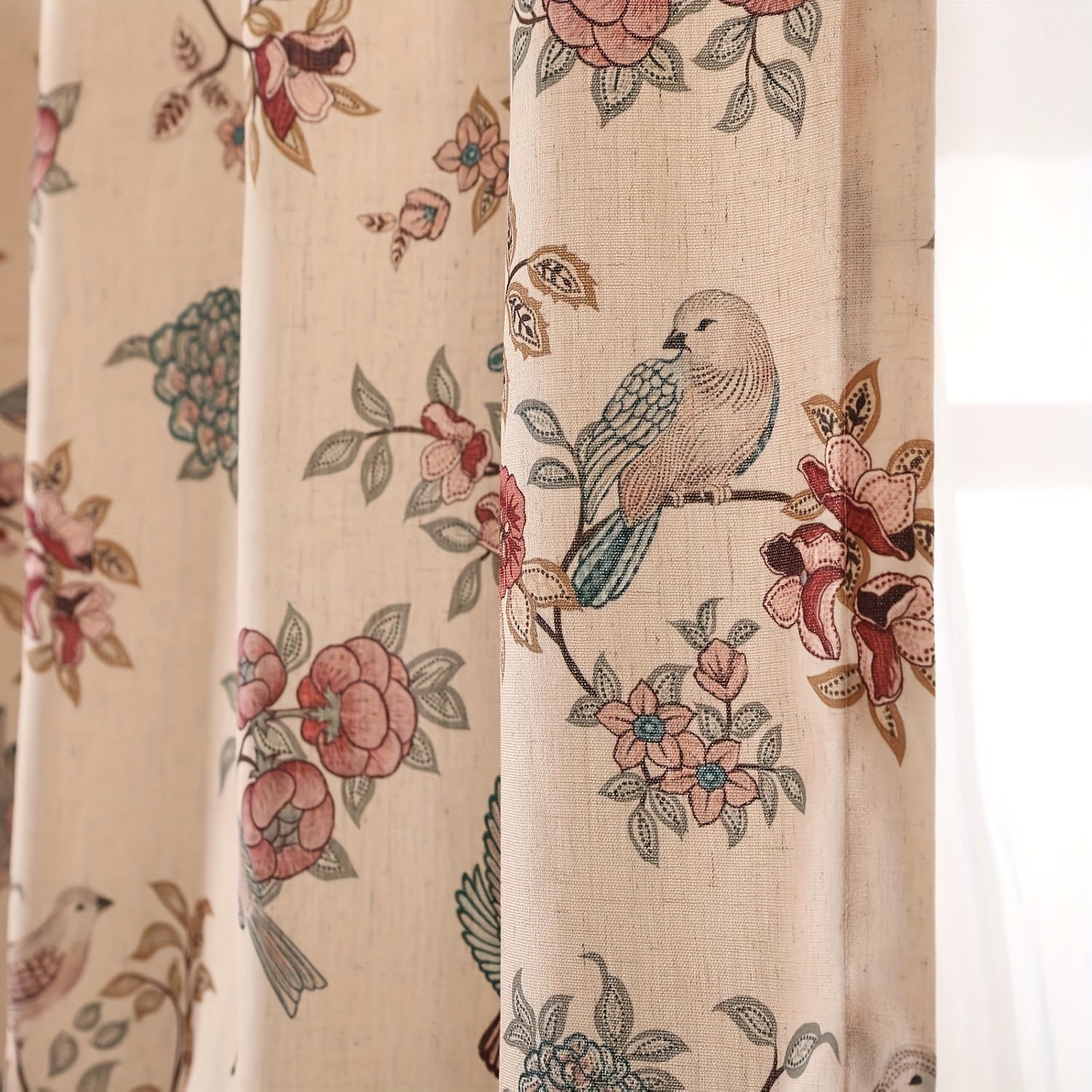 Rideau bohème floral oiseaux style vintage en tissu imitation lin