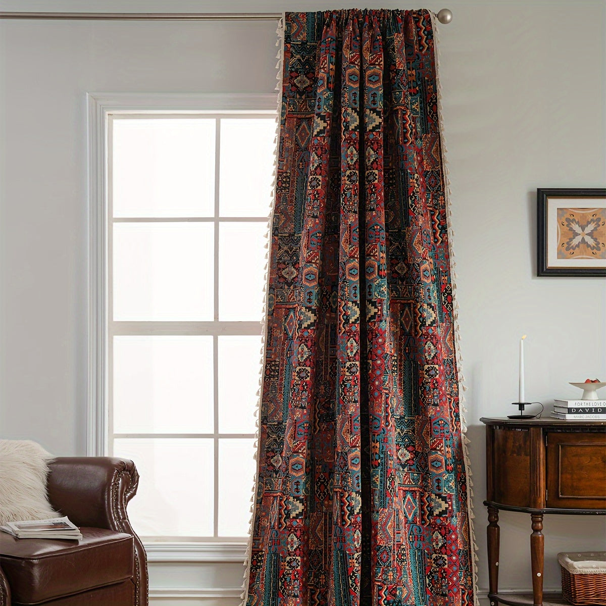 Rideau jacquard occultant vintage à motif géométrique en polyester