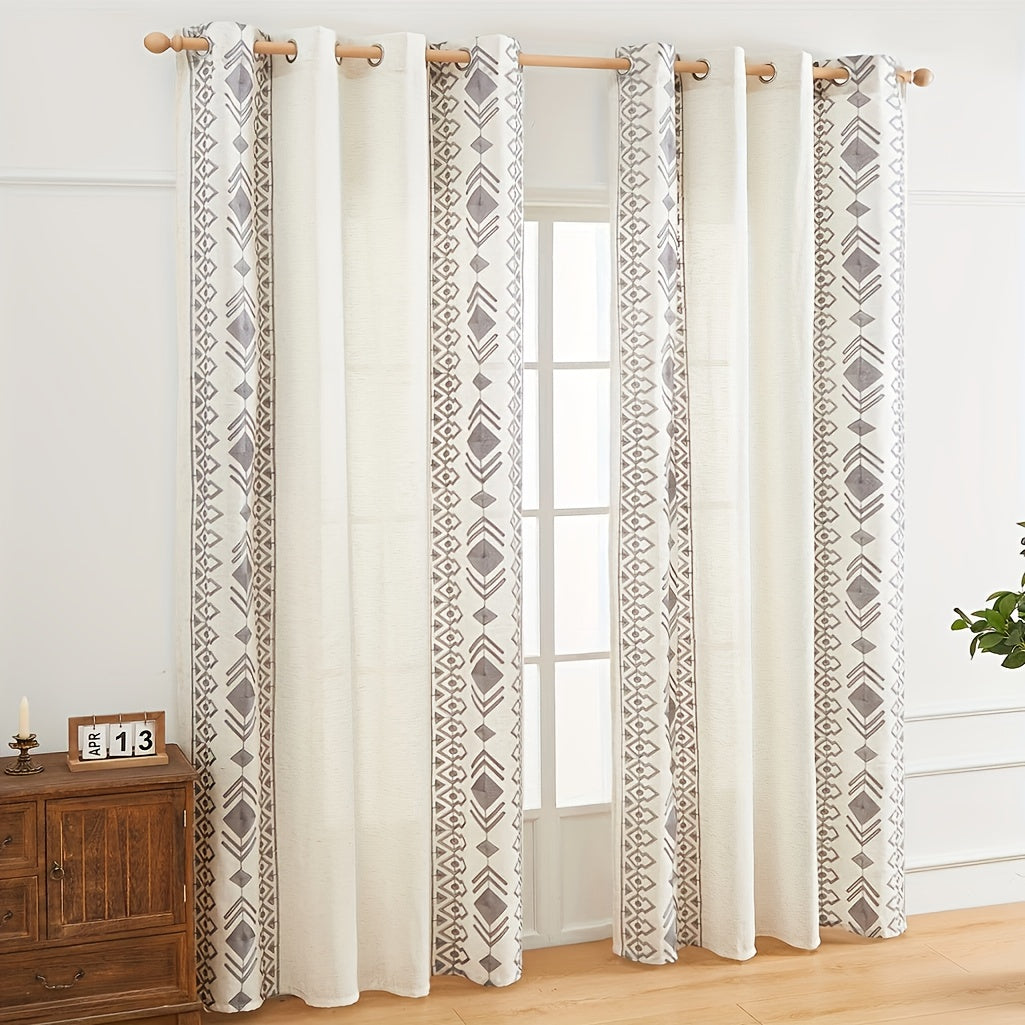 Rideau bohème semi-transparent à œillets motif géométrique losanges