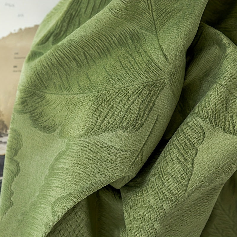 Rideaux occultants velours vert motif feuille pour salon (2 panneaux)
