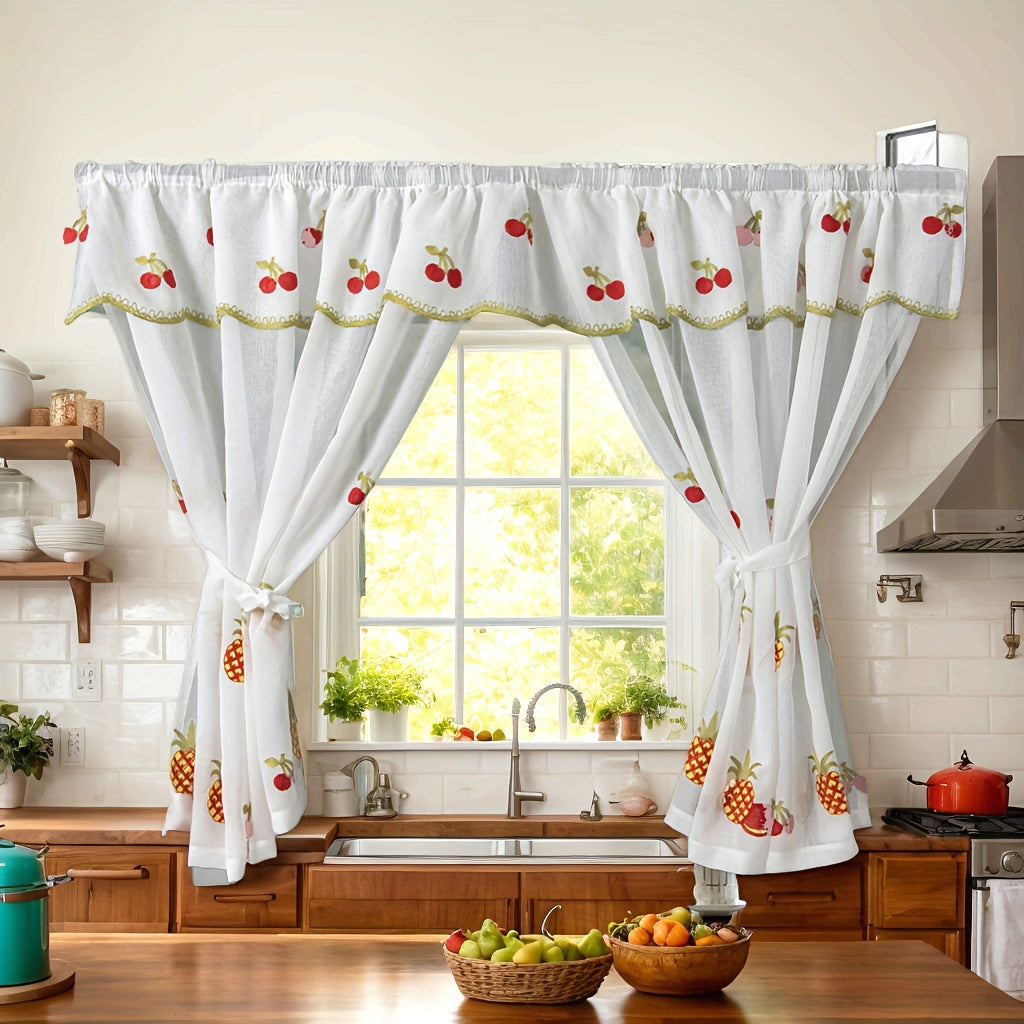 Rideaux cuisine brodés fruits double épaisseur en polyester (2 panneaux)