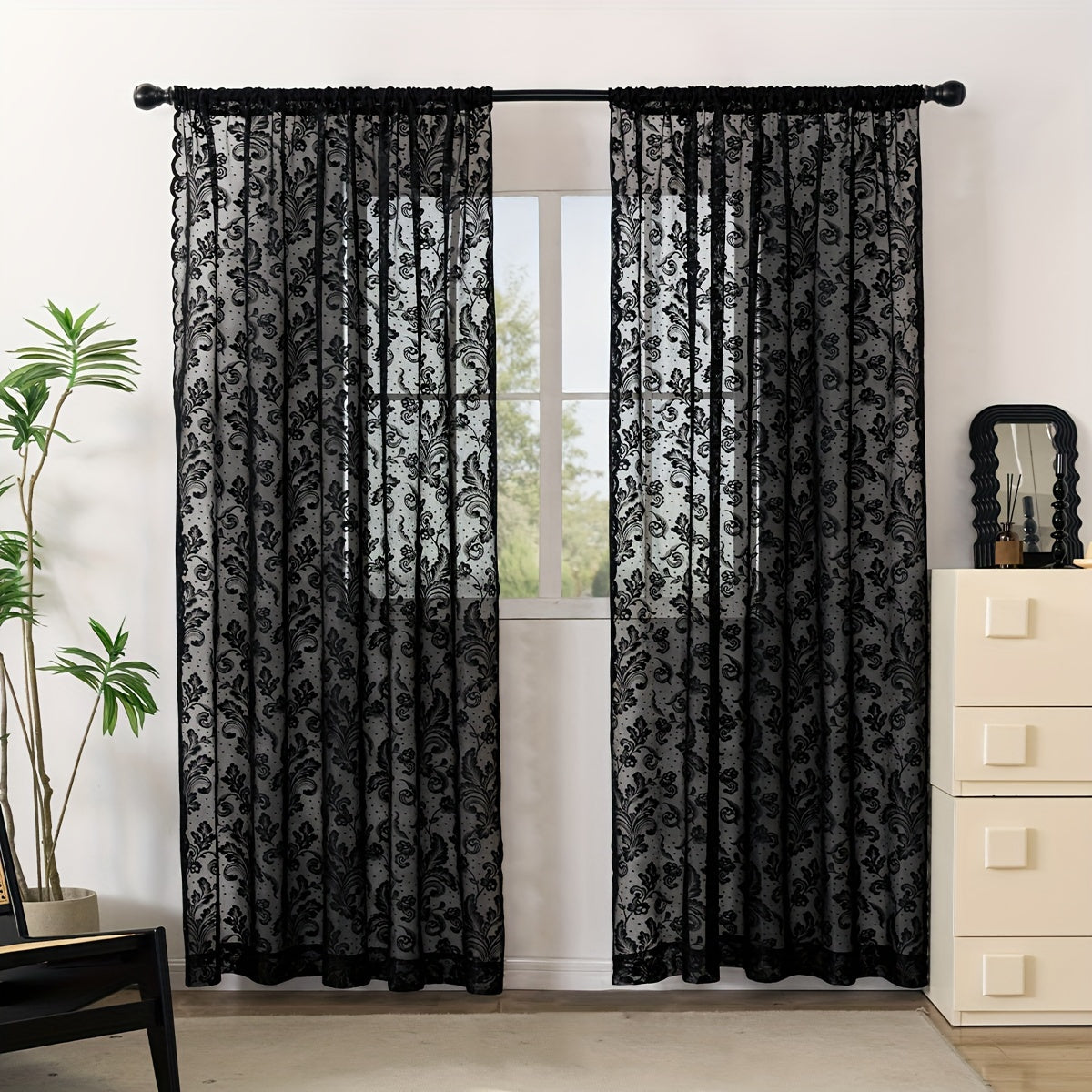 Rideaux voilages romantiques noirs – 2 panneaux à passe-tringle