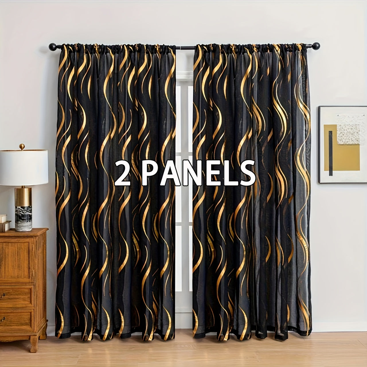 Rideau voile à motif vague doré semi-opaque pour salon et chambre (2 panneaux)