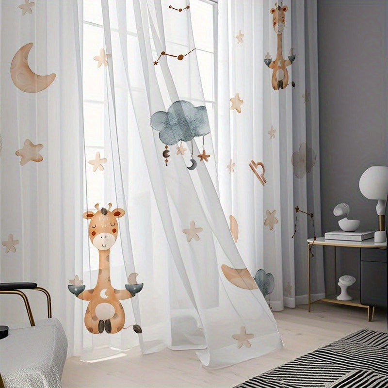 Rideaux semi-transparents enfant motif girafe et étoiles (2 panneaux)
