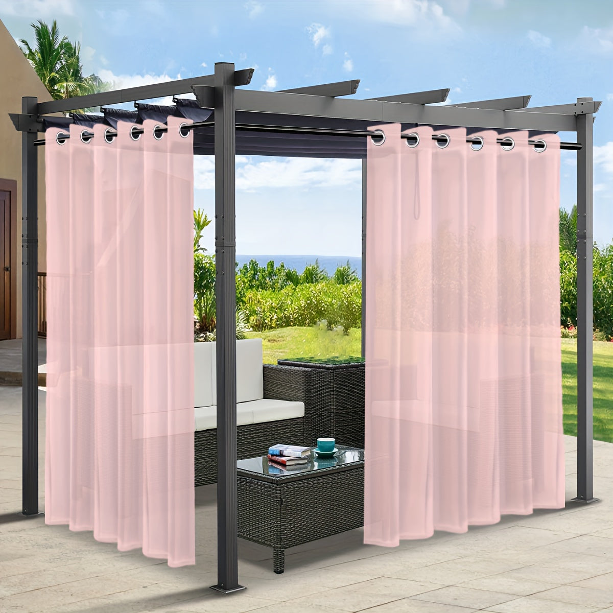 Rideaux voilage extérieur effet lin à œillets pour pergola (2 panneaux)