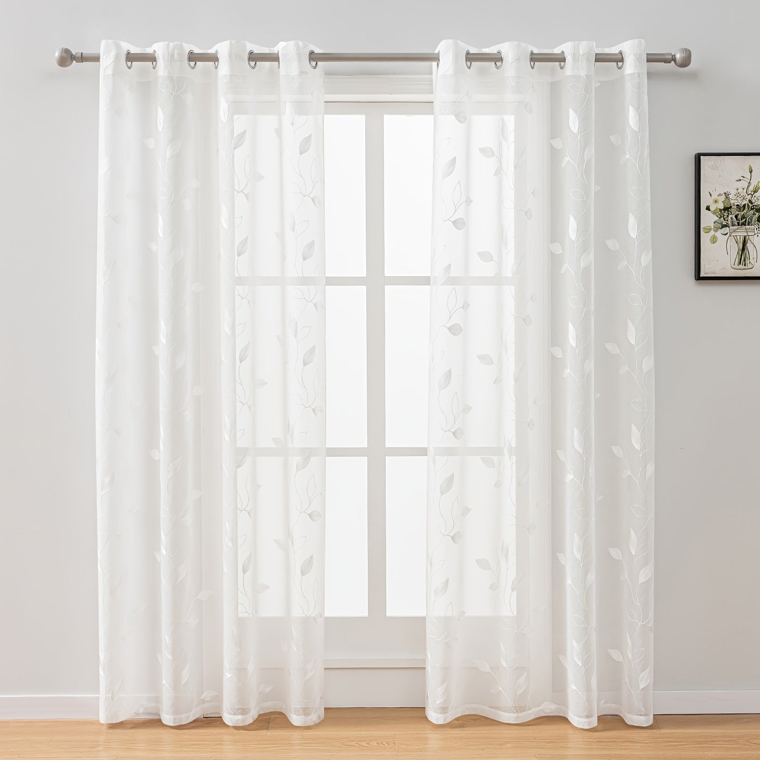 Rideaux voilage brodés motif feuilles avec œillets pour salon et chambre (2 panneaux)