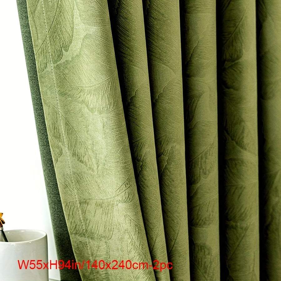 Rideaux occultants velours vert motif feuille pour salon (2 panneaux)