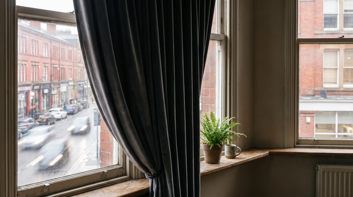 Rideau phonique épais tombant jusqu'au sol devant une fenêtre donnant sur la rue Image