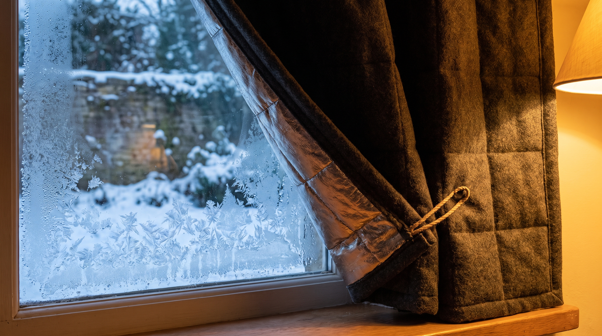 Rideau thermique doublé devant une fenêtre en hiver, buée sur la vitre Image