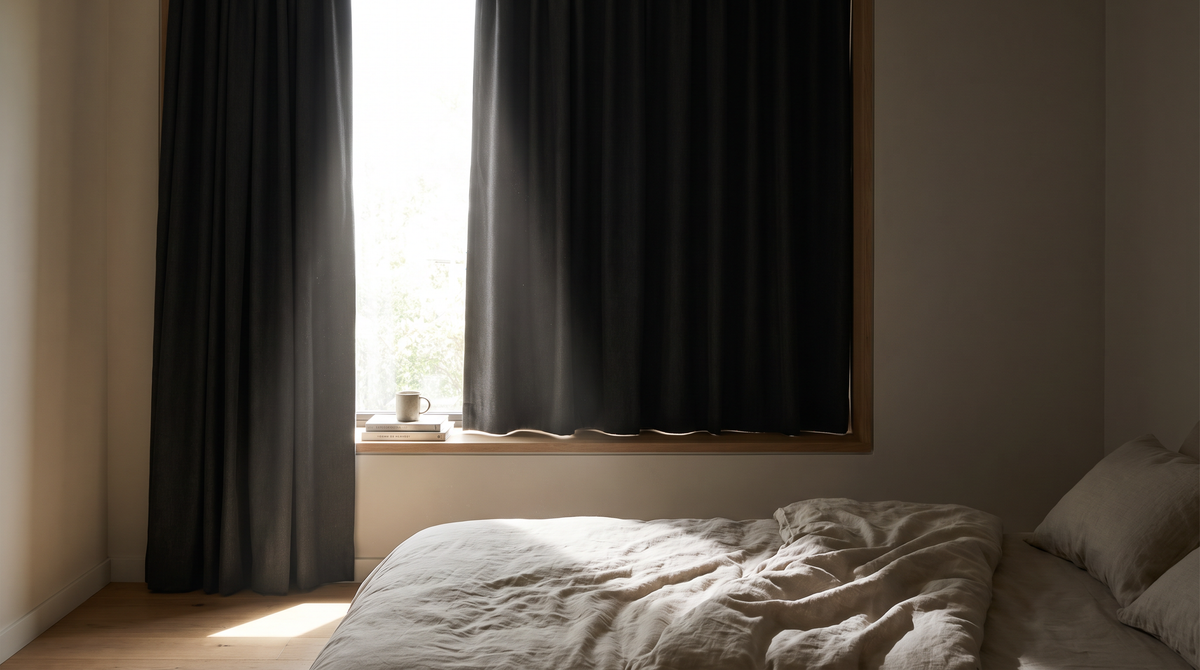 Chambre plongée dans la pénombre par un rideau occultant tiré devant la fenêtre Image