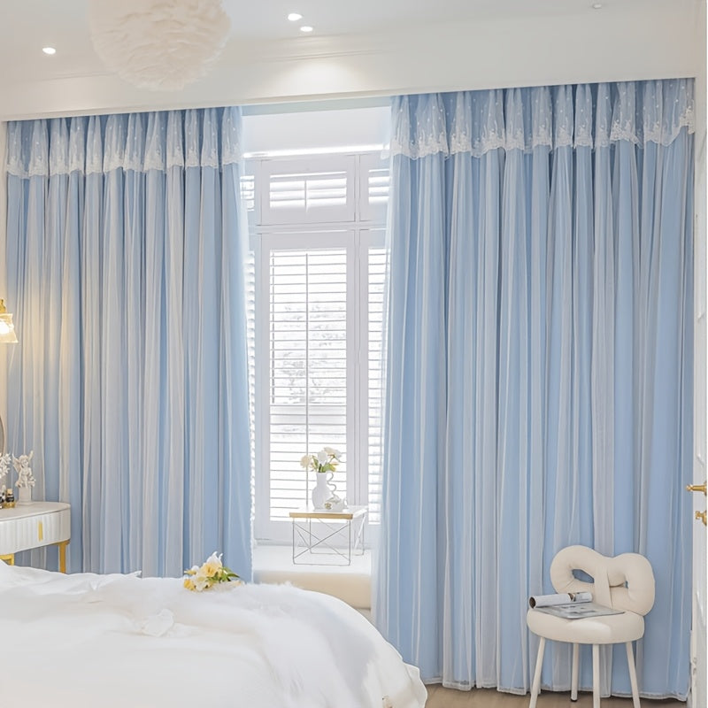 Rideaux occultants double couche avec voilage dentelle, bleu