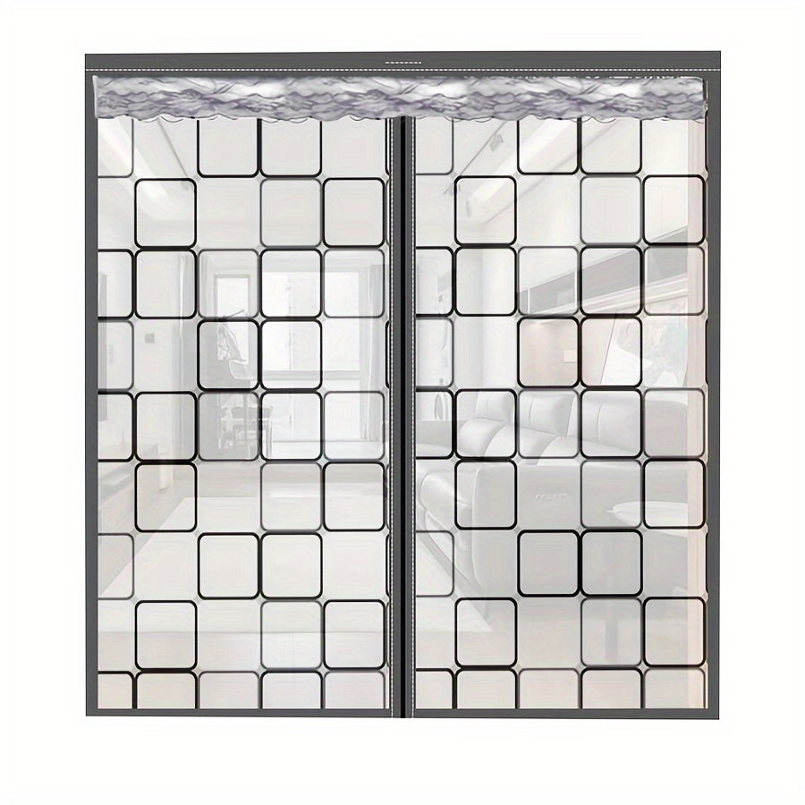 Rideau de porte magnétique isolant en vinyle gris à motifs carrés