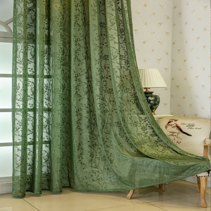 Rideau voilage vert brodé feuillage à œillets pour salon et chambre