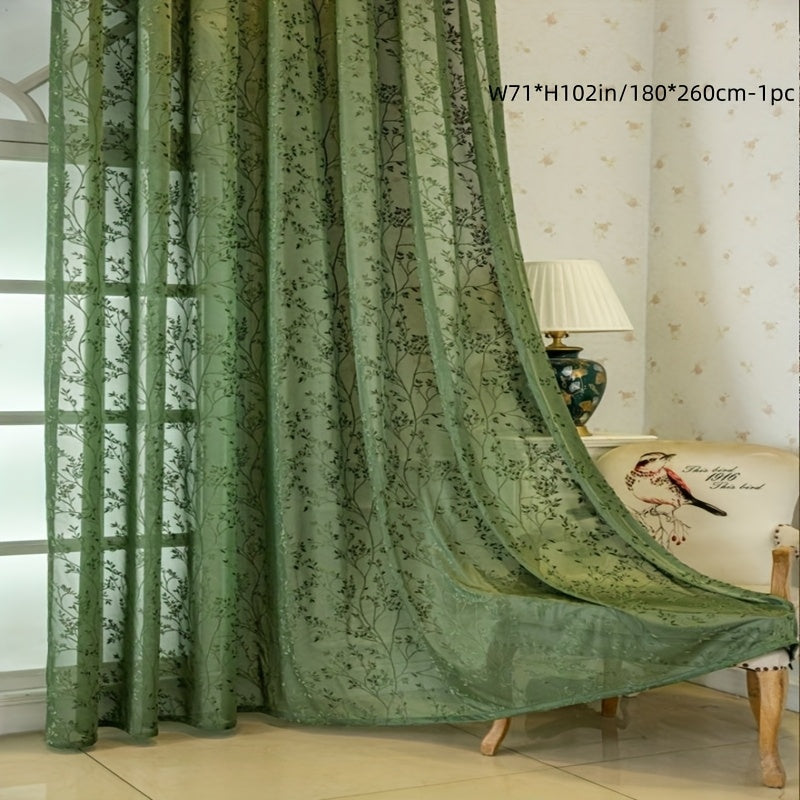 Rideau voilage vert brodé feuillage à œillets pour salon et chambre