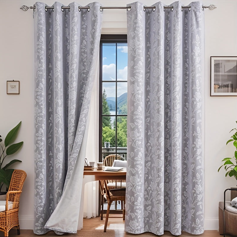 Rideau occultant jacquard floral épais avec œillets métalliques, blanc