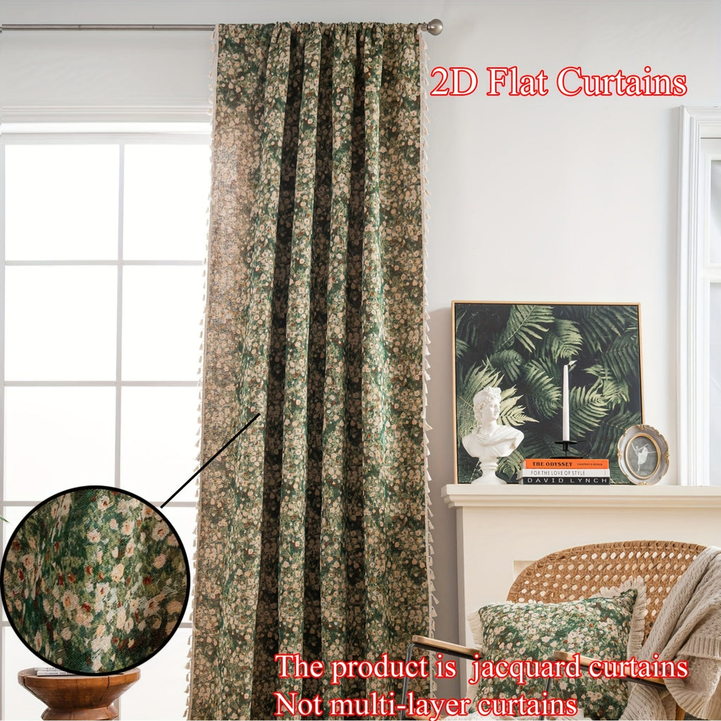 Rideau jacquard fleuri vintage vert tamisant style campagne, hauteur moins de 160 cm