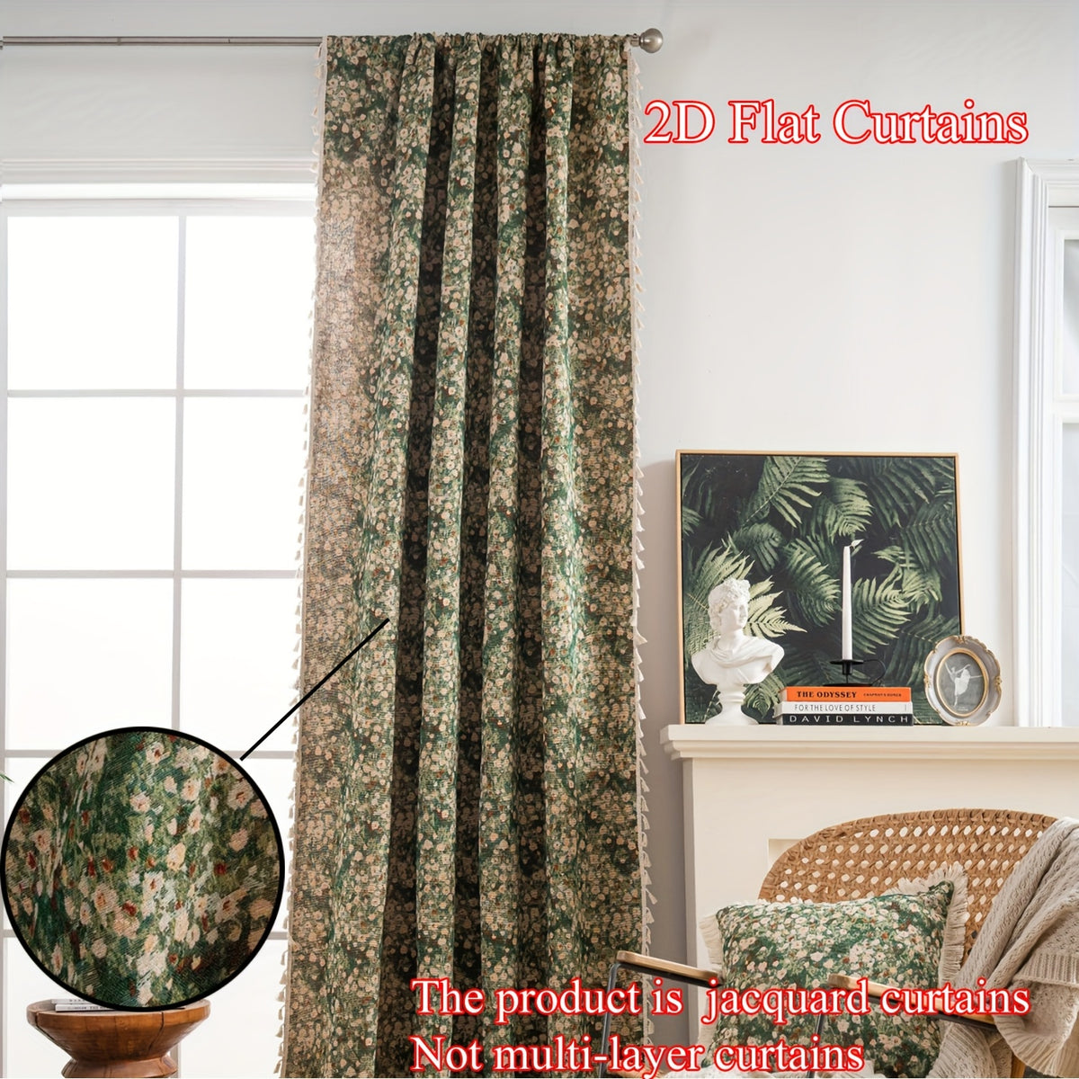 Rideau jacquard fleuri vintage vert tamisant style campagne, hauteur moins de 160 cm
