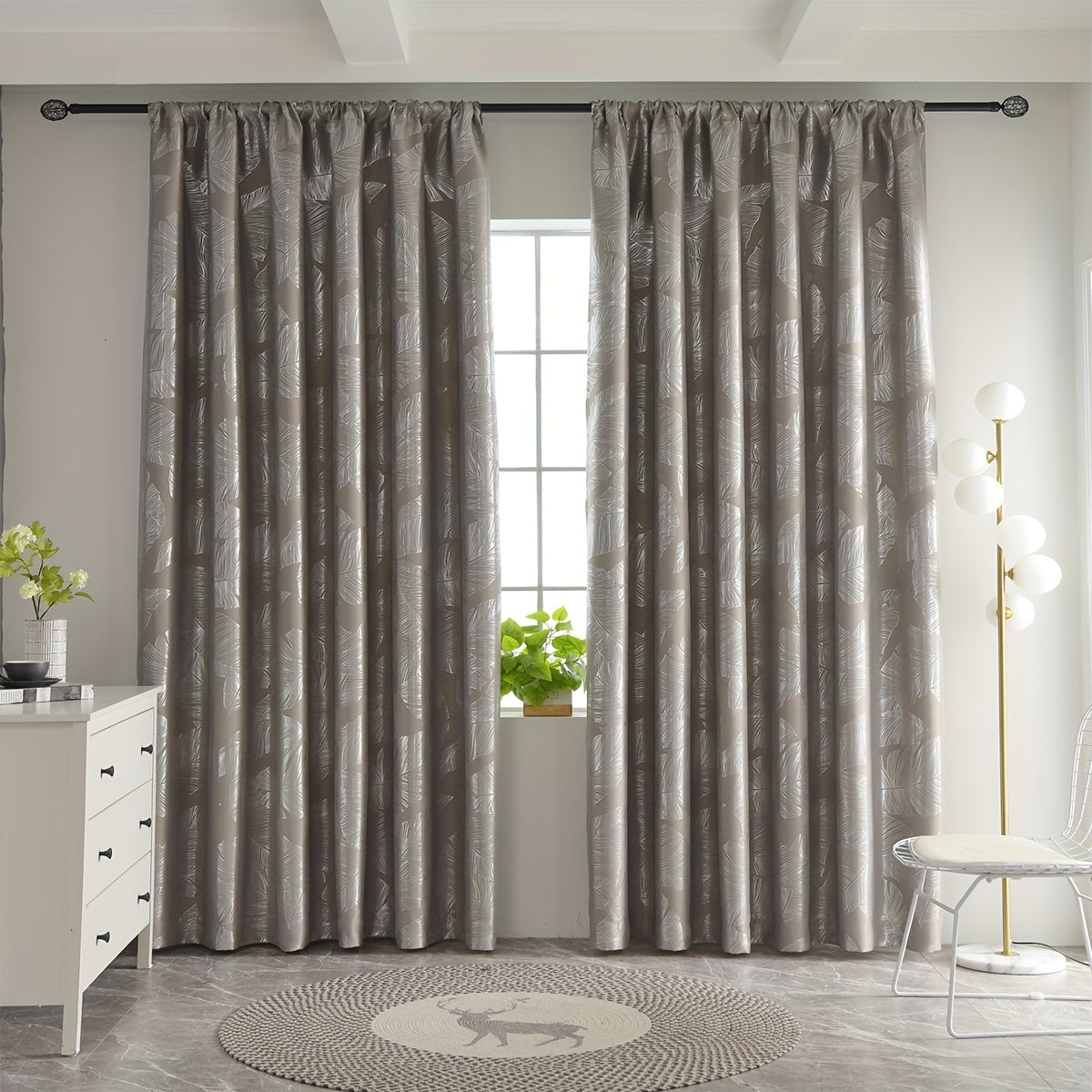 Rideau occultant noir ou gris à motifs feuilles pour salon et chambre