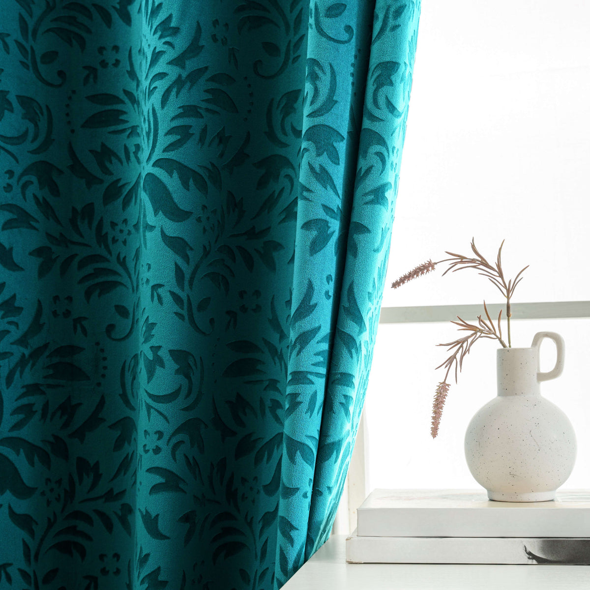 Rideaux velours à motifs floraux européens vert émeraude (2 panneaux), hauteur 200 à 239 cm