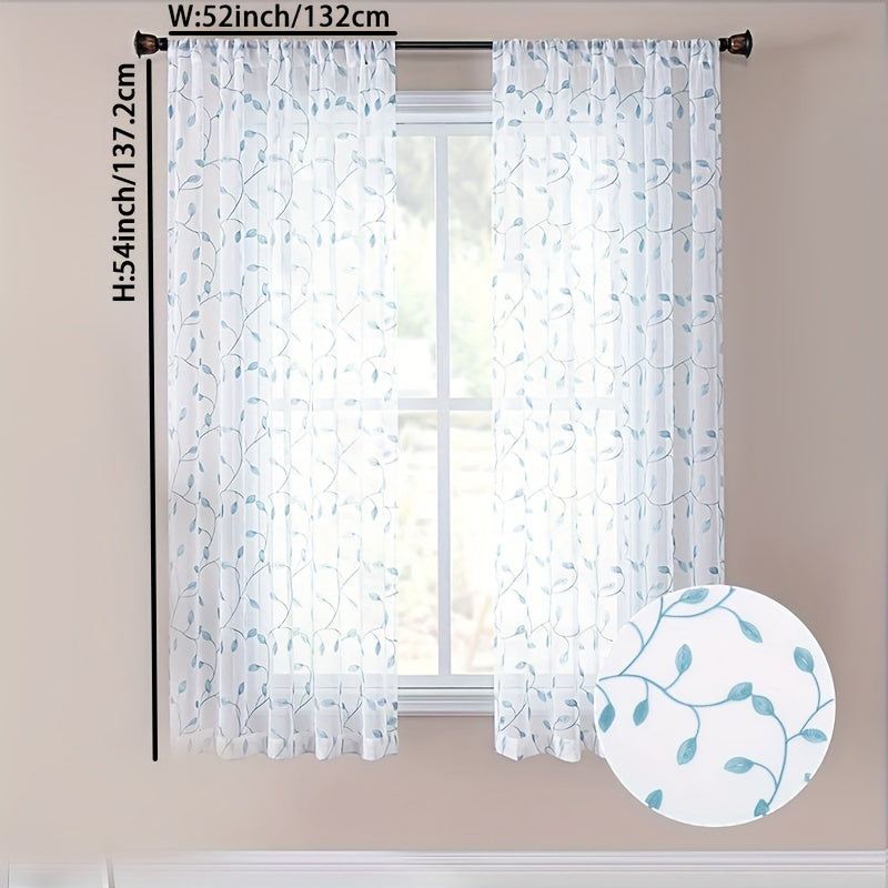 Rideau voilage brodé feuilles en polyester tamisant pour cuisine (1/2 panneaux)
