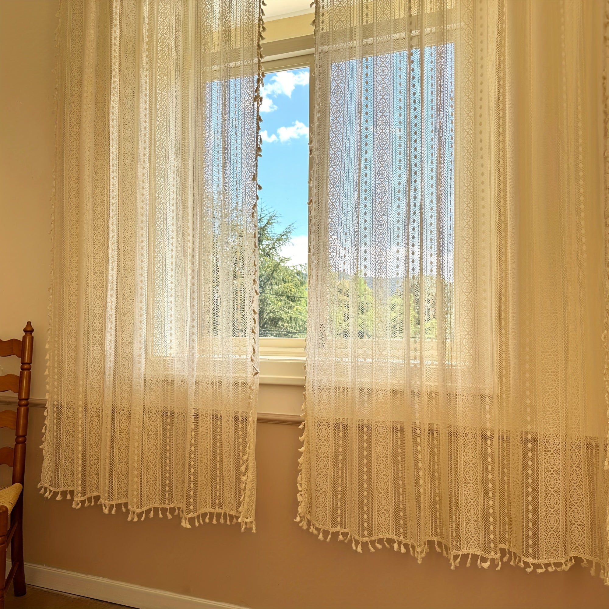 Rideau voilage bohème en dentelle écrue à franges pour fenêtre