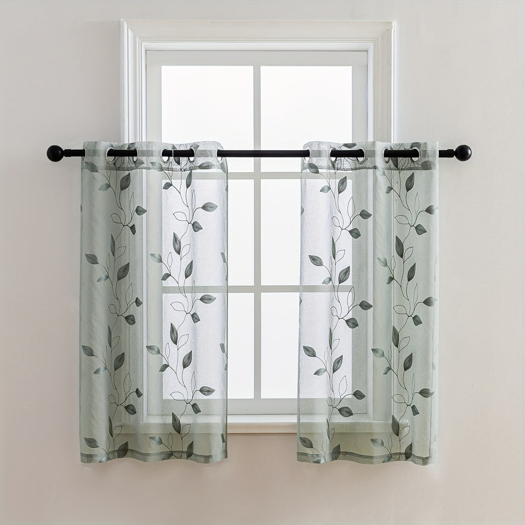 Rideaux voilage brodés motif feuilles avec œillets, vert sauge