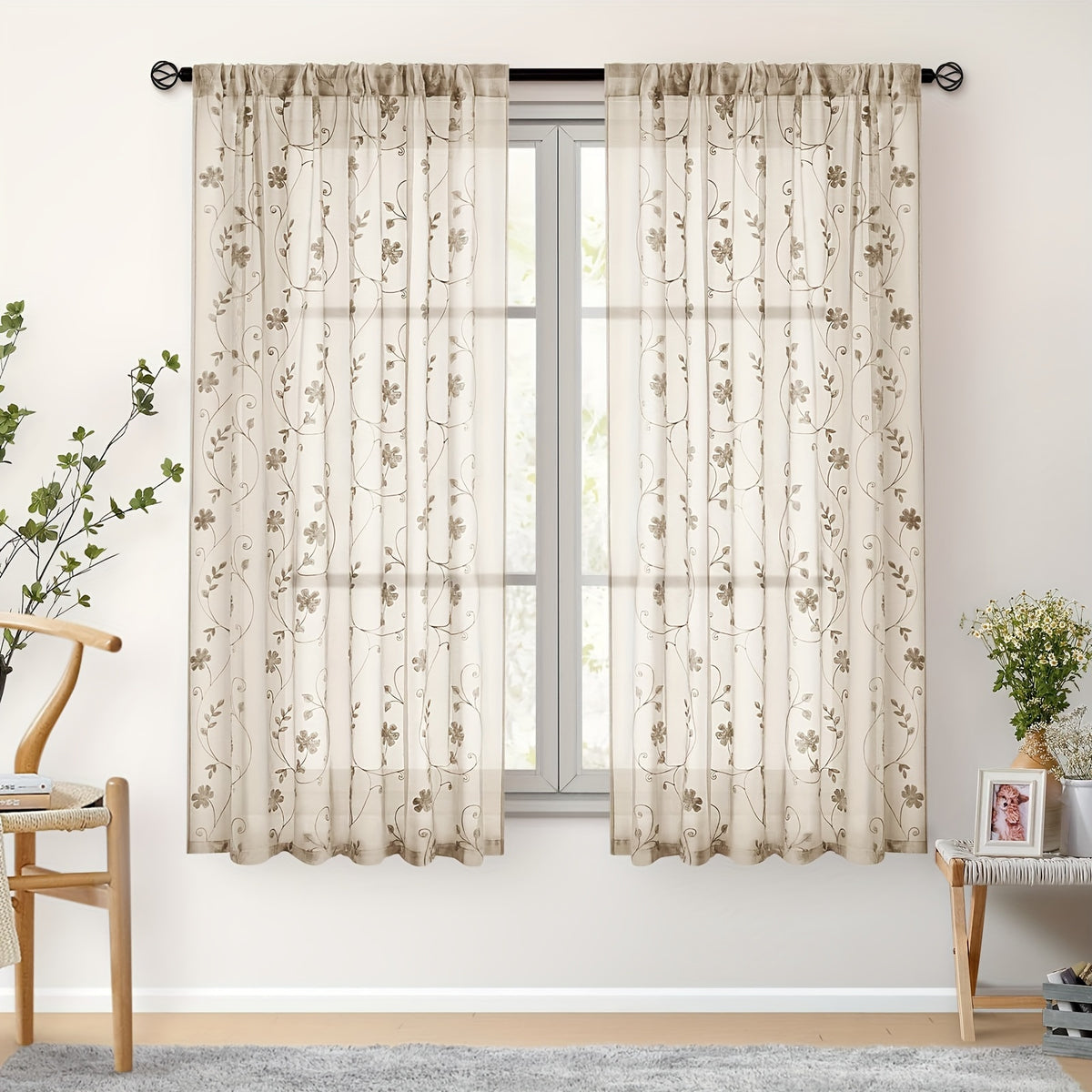 Rideaux voilage brodés fleurs semi-transparents, taupe