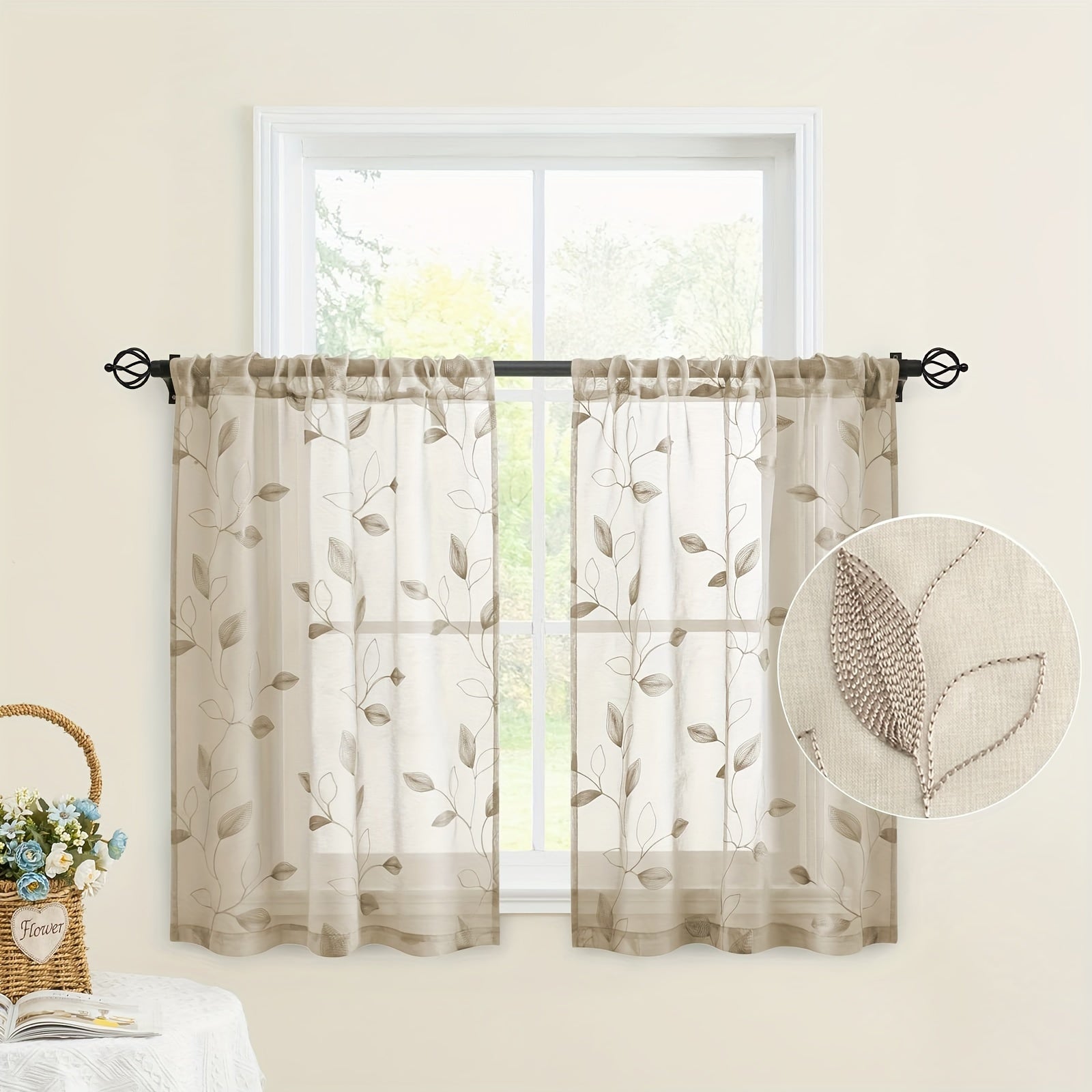 Rideaux voilage brodés motif feuilles style jardin pour salon et chambre (2 panneaux)