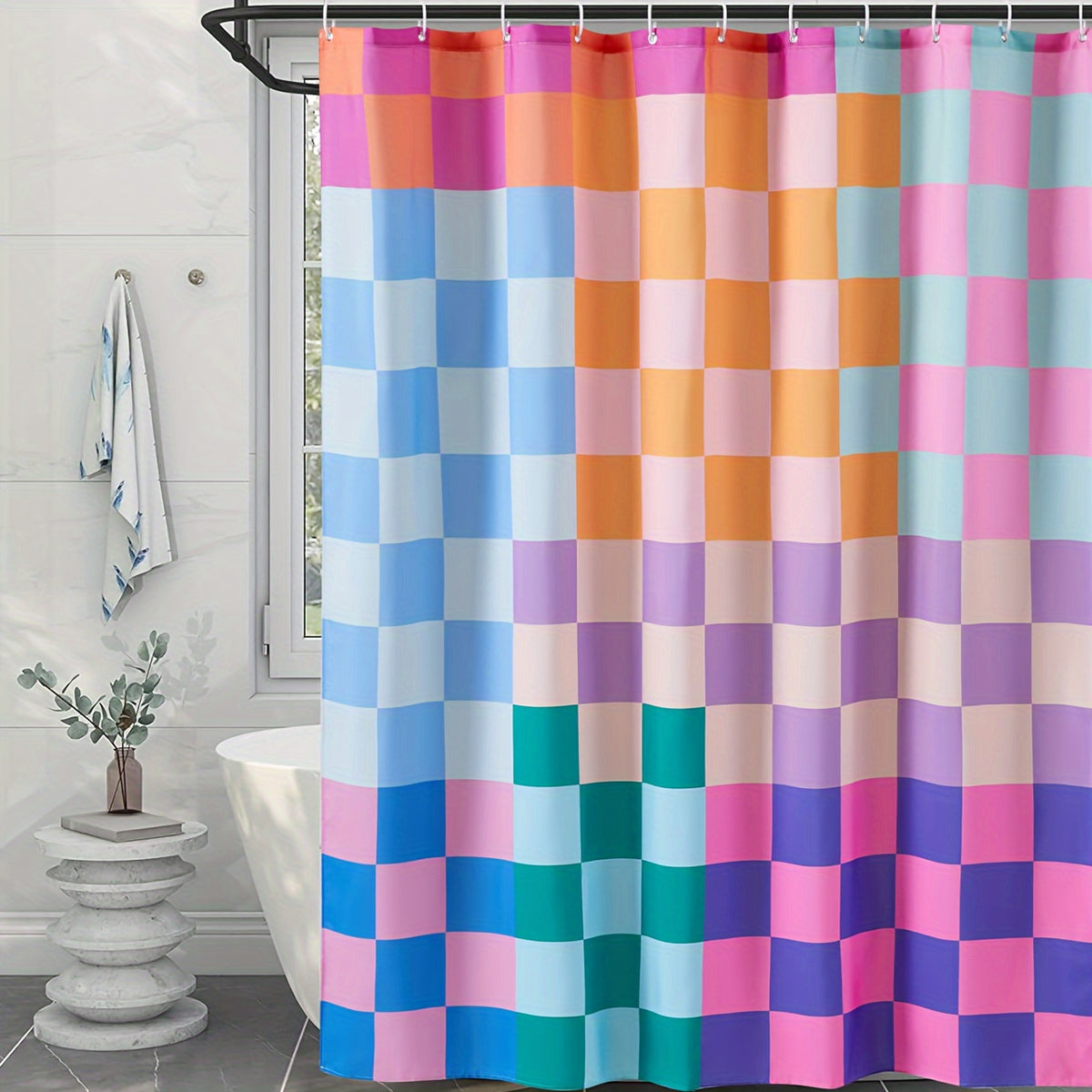 Rideau de douche rétro à carreaux multicolores, multicolor