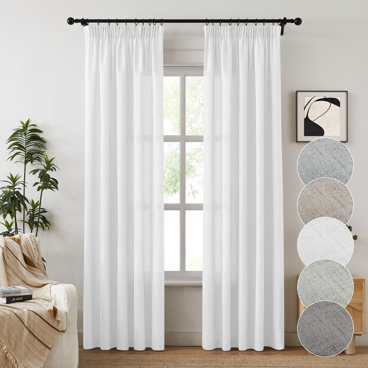 Rideaux semi-transparents effet lin texturé style farmhouse (2 panneaux)