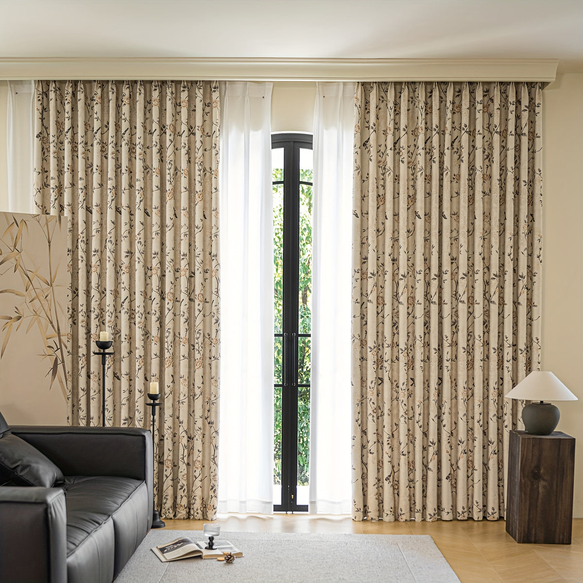 Rideau occultant thermique style campagne motif oiseaux et fleurs, largeur 100 à 139 cm