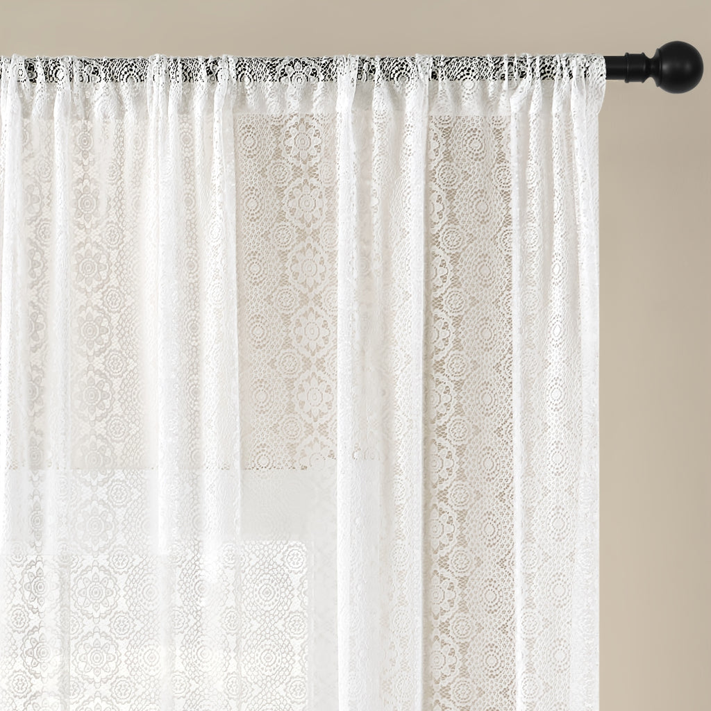 Rideau voilage en dentelle blanche brodée style rétro romantique, hauteur 200 à 239 cm