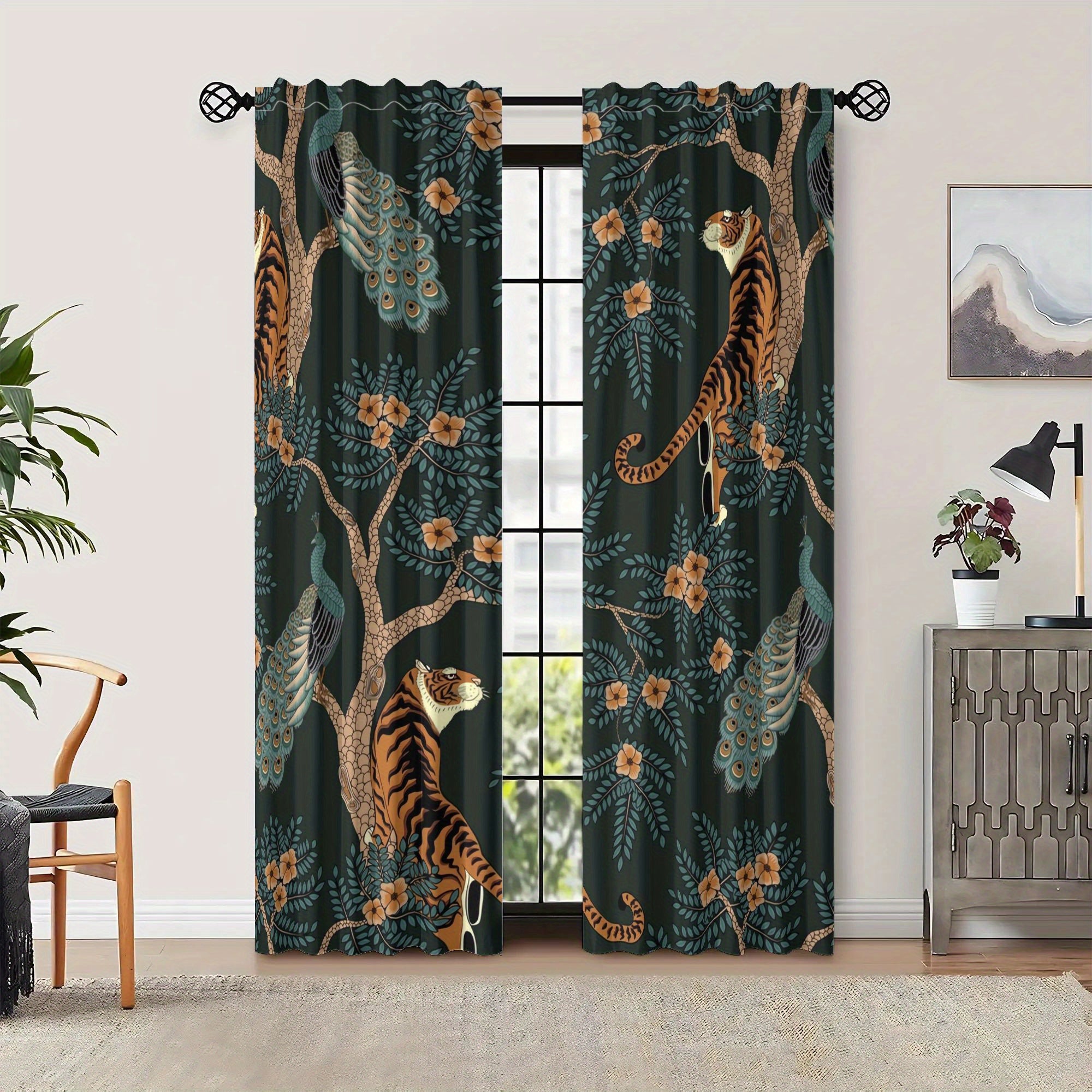 Rideaux occultants jungle vintage tigre et paon en polyester (2 panneaux)