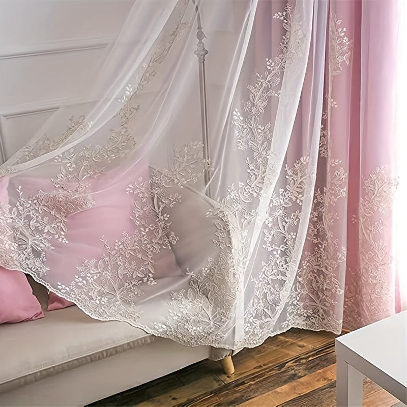 Rideau occultant double épaisseur brodé avec voile dentelle (1 panneau)