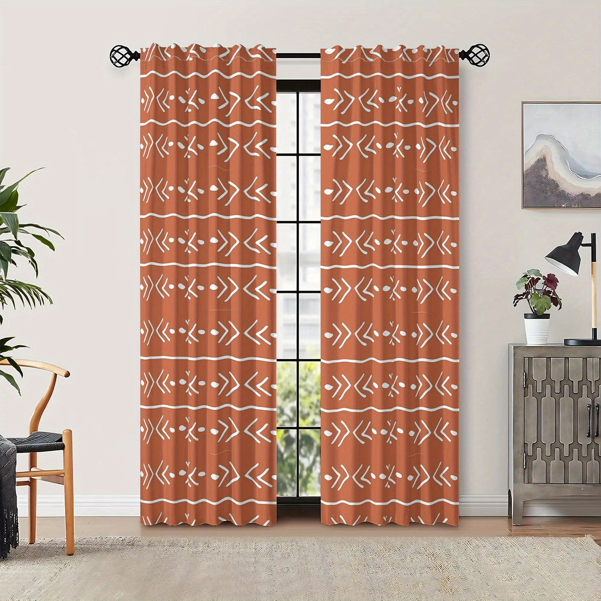 Rideaux occultants terracotta motif africain bohème en polyester (2 pa, largeur moins de 100 cm