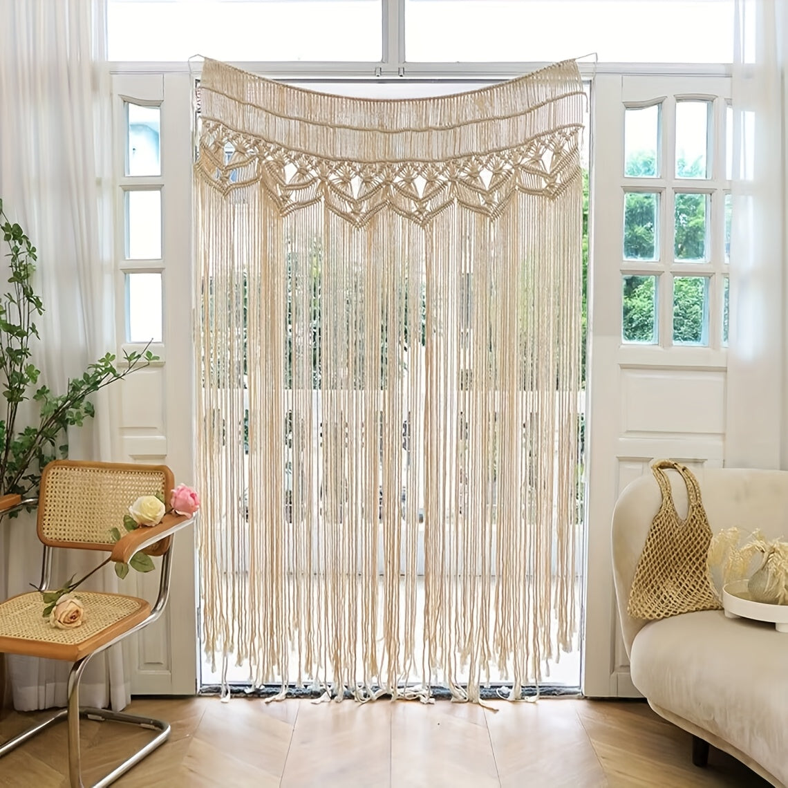 Rideau macramé bohème vague 95x180 cm en fibre naturelle (1 panneau)