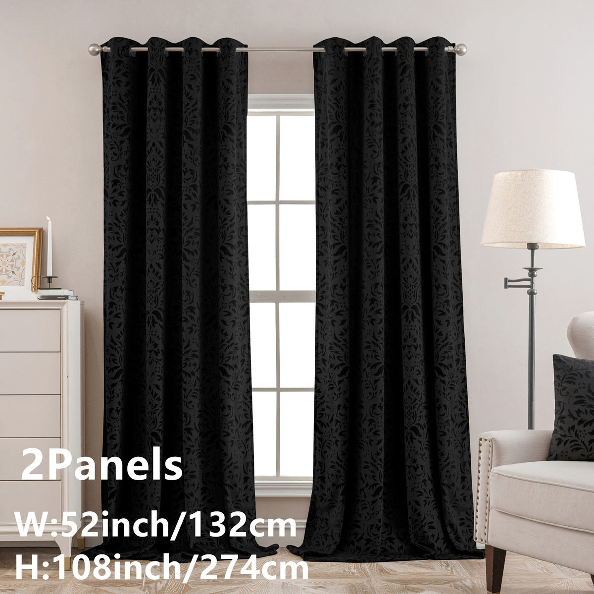 Rideaux velours à motifs floraux européens vert émeraude (2 panneaux), noir
