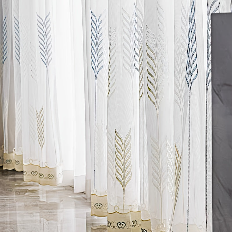 Rideaux voilage blanc motif épis gris et beige style scandinave (2 pan, largeur 100 à 139 cm